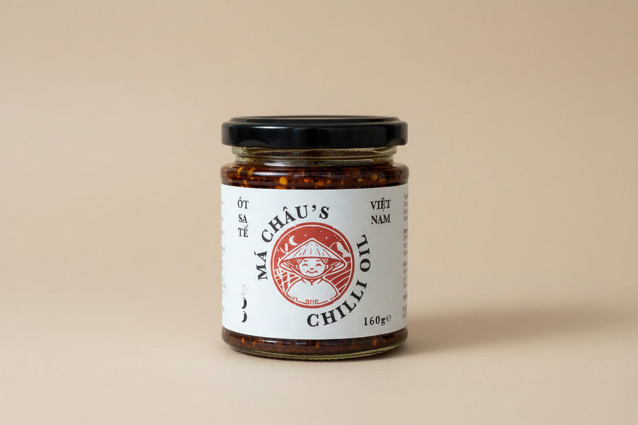 Front of Má Châu's Chilli Oil jar – handmade in Walthamstow, E17.