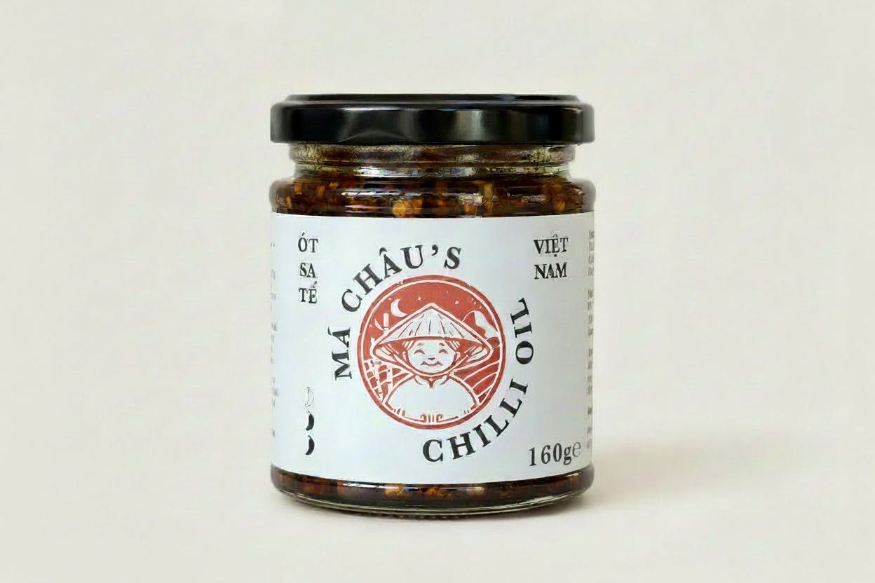 Front of Má Châu's Chilli Oil jar – handmade in Walthamstow, E17.